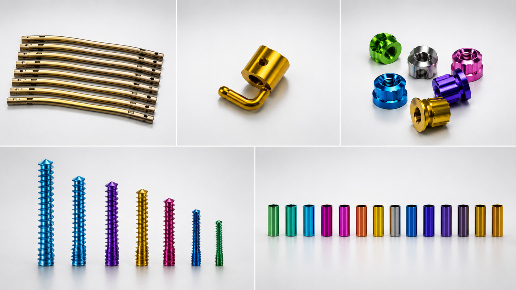 Piezas de titanio anodizadas por Coltit: barras, conector, tuercas, tornillos y tulipas en distintos colores